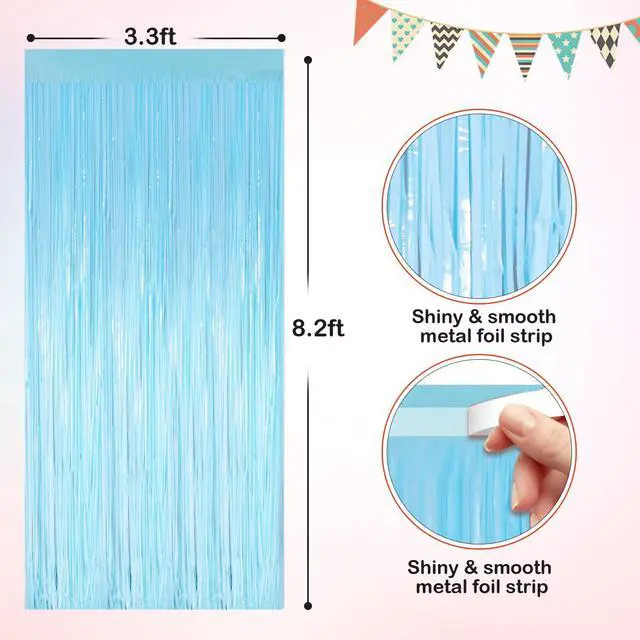 Alt view image 2 of 7 - Macaron Light Blue Tinsel Backdrop Foil Fringe Curtains, 2 Pack Party Decor