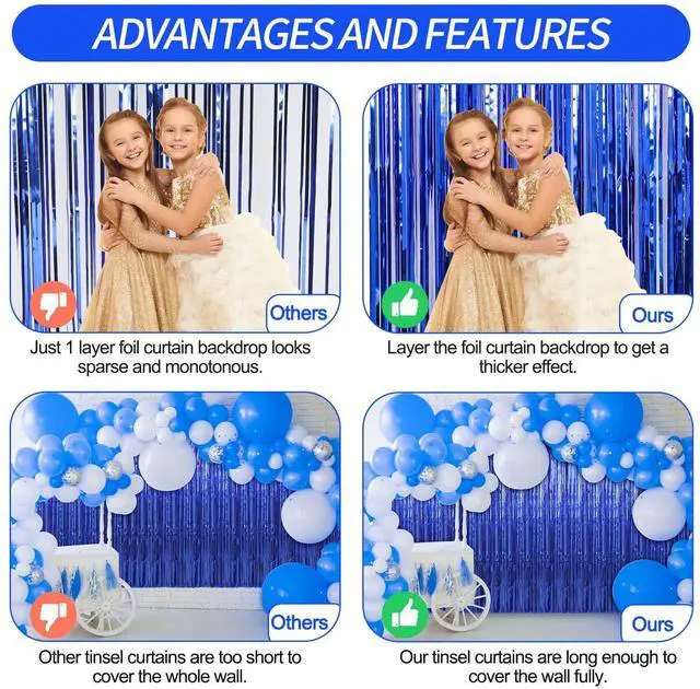 Alt view image 3 of 5 - 2 Pack 3.3 x 9.9 ft Dark Blue Foil Fringe Curtains Party Decorations, Blue Tinsel Curtain Backdrop for Parties, Door Streamers, Glitter Streamer Fringe Backdrop for Birthday Decoration
