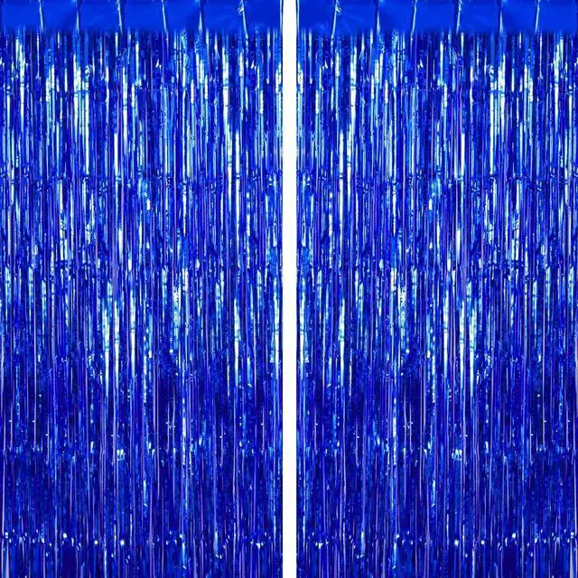 Main image of 2 Pack Fringe Curtains Foil Shiny Fringe Backdrop Tinsel Door Streamers Foil Curtains for Birthday Wedding Engagement Bridal Shower Celebration Party Decorations Large Blue