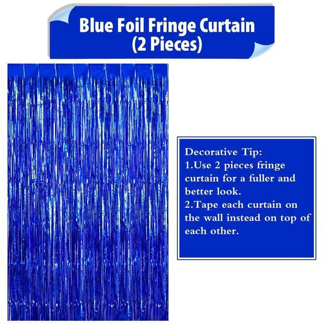 Alt view image 5 of 7 - 2 Pack Fringe Curtains Foil Shiny Fringe Backdrop Tinsel Door Streamers Foil Curtains for Birthday Wedding Engagement Bridal Shower Celebration Party Decorations Large Blue