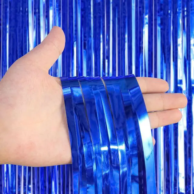 Alt view image 6 of 7 - 2 Pack Fringe Curtains Foil Shiny Fringe Backdrop Tinsel Door Streamers Foil Curtains for Birthday Wedding Engagement Bridal Shower Celebration Party Decorations Large Blue