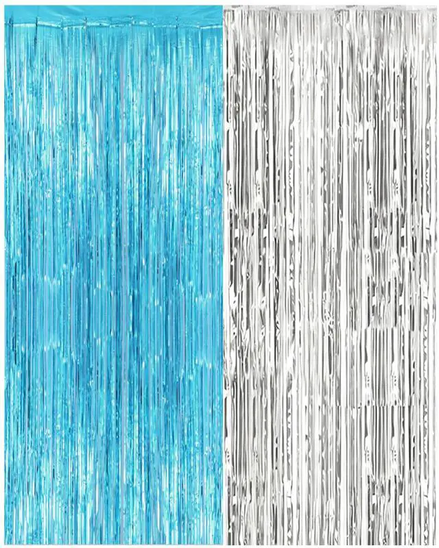 Main image of 2 Pack Foil Fringe Curtain Backdrop Decorations, 3.31x 6.6ft Blue and Silver Metallic Tinsel Foil Streamers Curtain Photo Booth Background for Graduation Prom Wedding Birthday Party Decoration