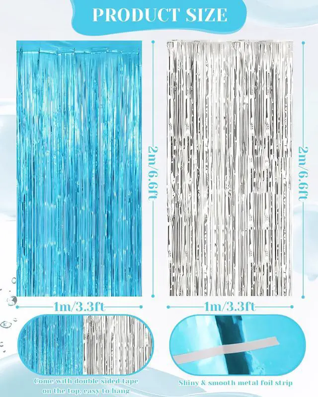 Alt view image 2 of 6 - 2 Pack Foil Fringe Curtain Backdrop Decorations, 3.31x 6.6ft Blue and Silver Metallic Tinsel Foil Streamers Curtain Photo Booth Background for Graduation Prom Wedding Birthday Party Decoration
