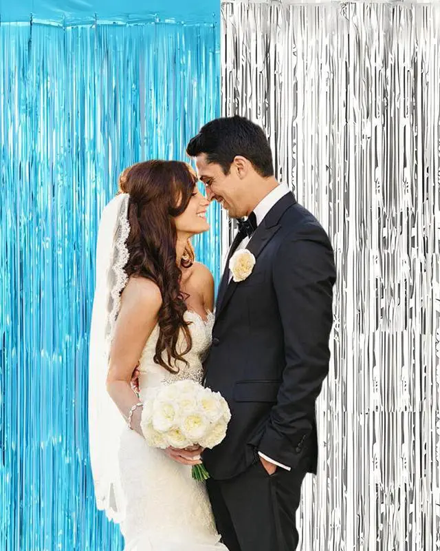 Alt view image 3 of 6 - 2 Pack Foil Fringe Curtain Backdrop Decorations, 3.31x 6.6ft Blue and Silver Metallic Tinsel Foil Streamers Curtain Photo Booth Background for Graduation Prom Wedding Birthday Party Decoration