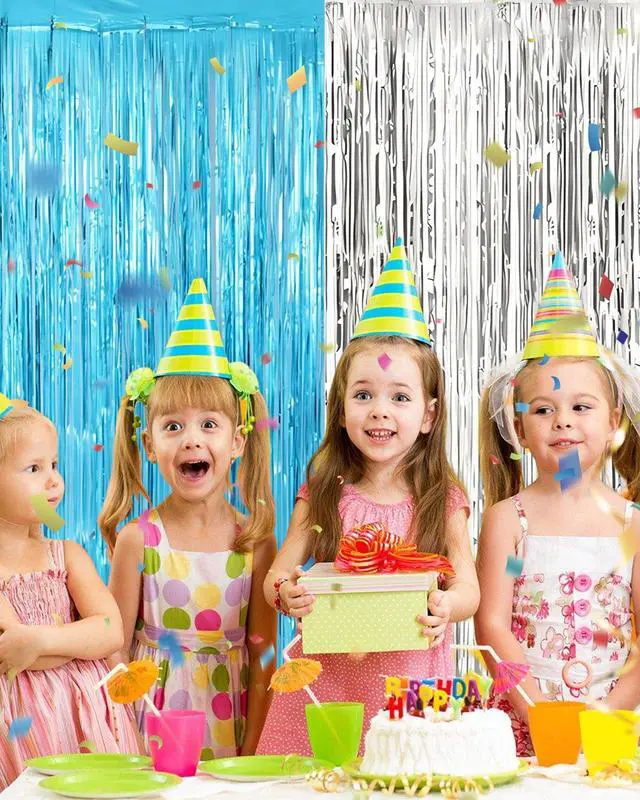 Alt view image 5 of 6 - 2 Pack Foil Fringe Curtain Backdrop Decorations, 3.31x 6.6ft Blue and Silver Metallic Tinsel Foil Streamers Curtain Photo Booth Background for Graduation Prom Wedding Birthday Party Decoration