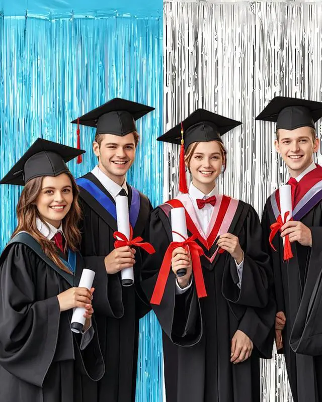 Alt view image 6 of 6 - 2 Pack Foil Fringe Curtain Backdrop Decorations, 3.31x 6.6ft Blue and Silver Metallic Tinsel Foil Streamers Curtain Photo Booth Background for Graduation Prom Wedding Birthday Party Decoration