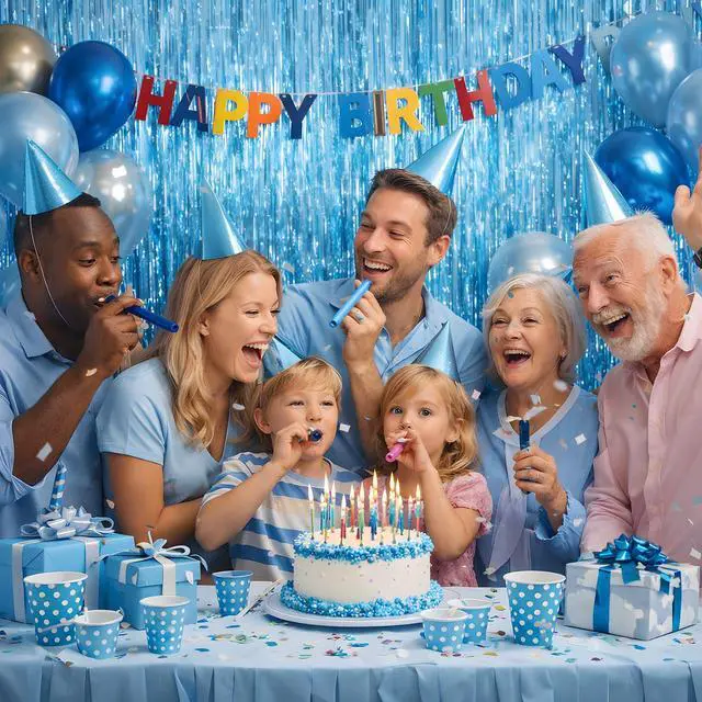 Alt view image 6 of 6 - Pool Party Decorations - Blue Tinsel Streamers Backdrop Banner | Summer Party Favors Supplies Indoor Outdoor - Ocean Themed Party Decorations for Beach Sea Water Blue Birthday,2 Pack