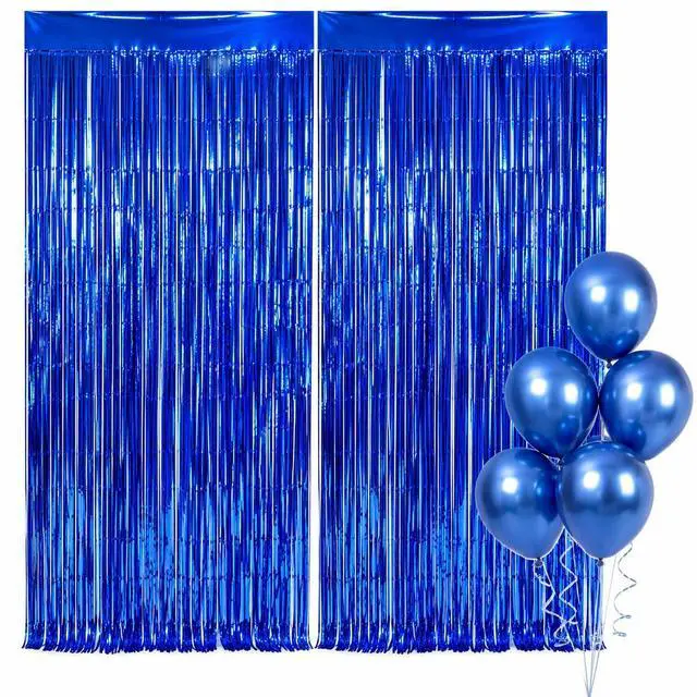 Main image of Blue Foil Fringe Curtains 2 Pack with 5 Metallic Latex Balloons, 3.3 x 6.6 FT Tinsel Party Backdrop Curtains for Birthday Decorations, Photo Booth, Baby Shower, Graduation, Wedding & Party Decor