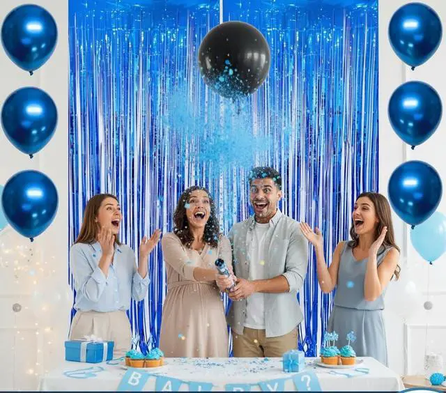 Alt view image 4 of 7 - Blue Foil Fringe Curtains 2 Pack with 5 Metallic Latex Balloons, 3.3 x 6.6 FT Tinsel Party Backdrop Curtains for Birthday Decorations, Photo Booth, Baby Shower, Graduation, Wedding & Party Decor