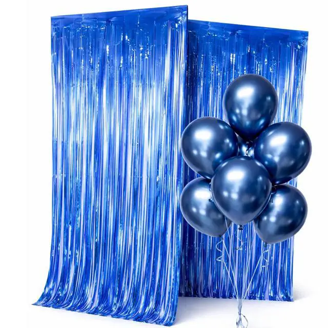 Alt view image 3 of 7 - Blue Foil Fringe Curtains 2 Pack with 5 Metallic Latex Balloons, 3.3 x 6.6 FT Tinsel Party Backdrop Curtains for Birthday Decorations, Photo Booth, Baby Shower, Graduation, Wedding & Party Decor