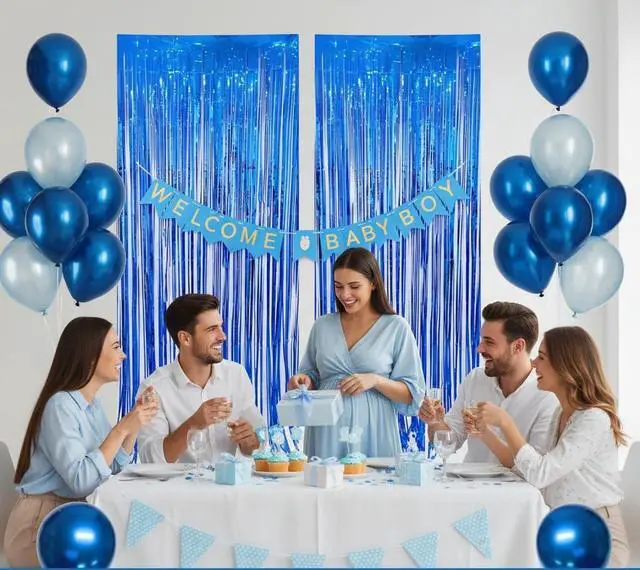 Alt view image 7 of 7 - Blue Foil Fringe Curtains 2 Pack with 5 Metallic Latex Balloons, 3.3 x 6.6 FT Tinsel Party Backdrop Curtains for Birthday Decorations, Photo Booth, Baby Shower, Graduation, Wedding & Party Decor