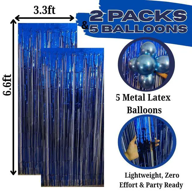 Alt view image 5 of 7 - Blue Foil Fringe Curtains 2 Pack with 5 Metallic Latex Balloons, 3.3 x 6.6 FT Tinsel Party Backdrop Curtains for Birthday Decorations, Photo Booth, Baby Shower, Graduation, Wedding & Party Decor
