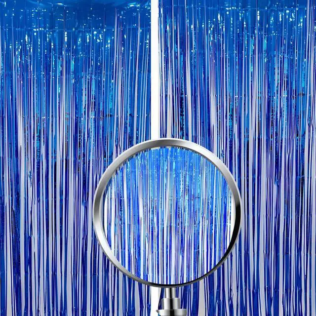 Alt view image 6 of 7 - Blue Foil Fringe Curtains 2 Pack with 5 Metallic Latex Balloons, 3.3 x 6.6 FT Tinsel Party Backdrop Curtains for Birthday Decorations, Photo Booth, Baby Shower, Graduation, Wedding & Party Decor