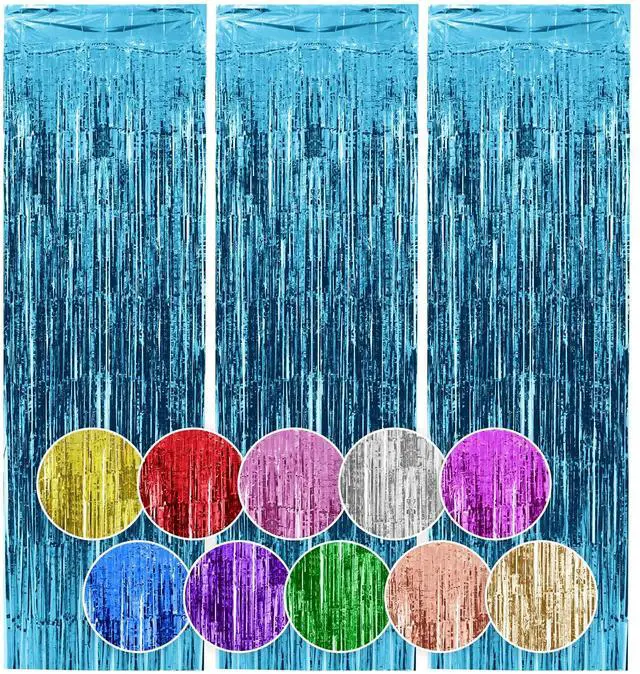 Main image of 3 Pack Light Blue Tinsel Backdrop Curtains, 3.3x6.6 FT Party Decor