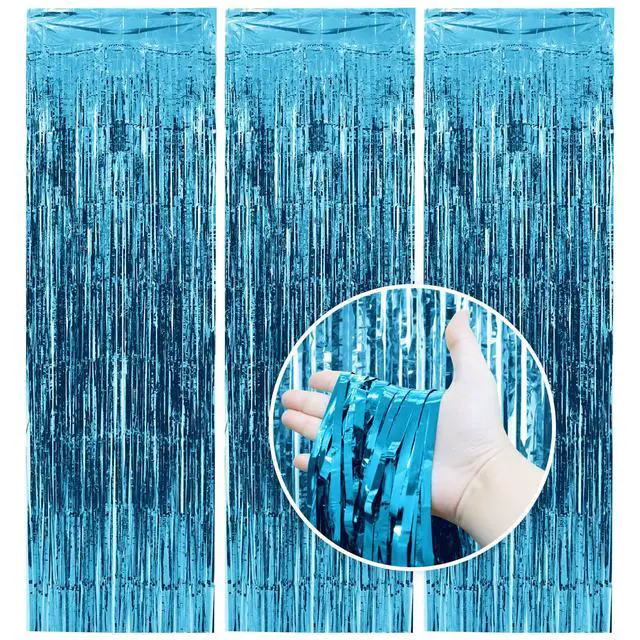 Alt view image 2 of 7 - 3 Pack Light Blue Tinsel Backdrop Curtains, 3.3x6.6 FT Party Decor