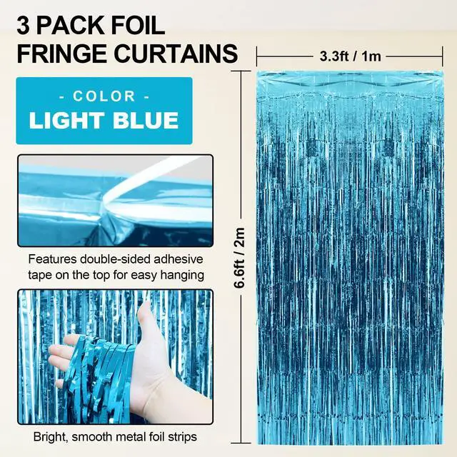 Alt view image 3 of 7 - 3 Pack Light Blue Tinsel Backdrop Curtains, 3.3x6.6 FT Party Decor