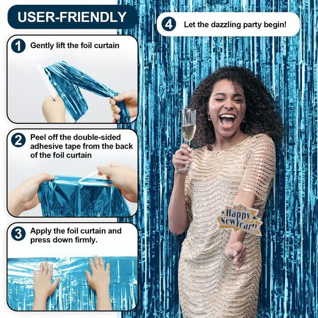 Alt view image 4 of 7 - 3 Pack Light Blue Tinsel Backdrop Curtains, 3.3x6.6 FT Party Decor