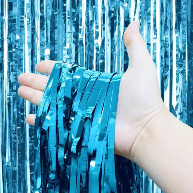 Alt view image 7 of 7 - 3 Pack Light Blue Tinsel Backdrop Curtains, 3.3x6.6 FT Party Decor