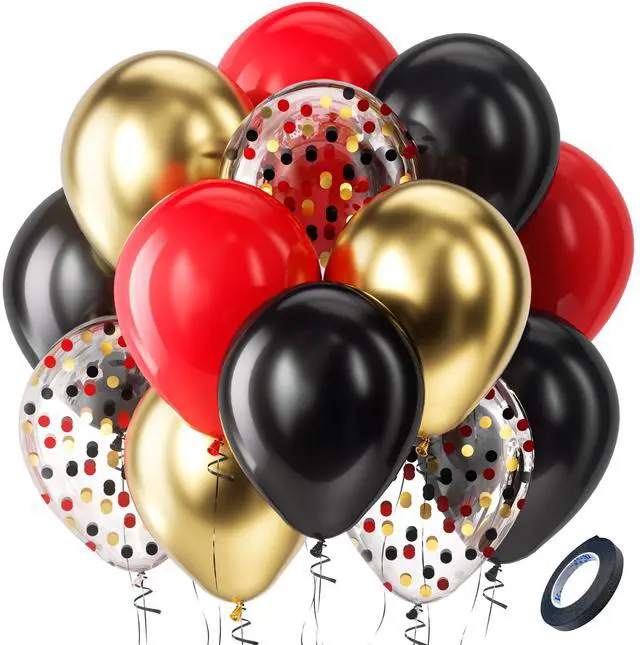 Main image of Red Black and Gold Confetti Balloons Set 60pcs 12 inch