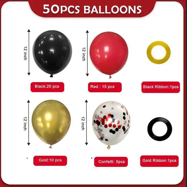 Alt view image 2 of 7 - Red Black and Gold Party Balloons, Black Red Gold Latex Balloons 50 Pcs 12 inch Red Black Gold Balloons For Birthday Graduation Hollywood Casino Wedding Party Decoration