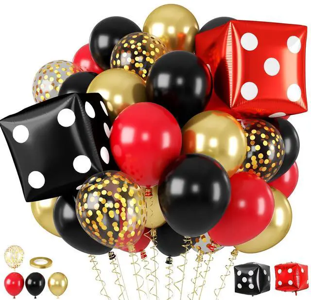 Main image of Red Black Gold Balloon, 22 Inch Dice Foil Balloons, Metallic Gold Confetti Balloons for Dice Game Night Carnival Theme Birthday Party Decorations
