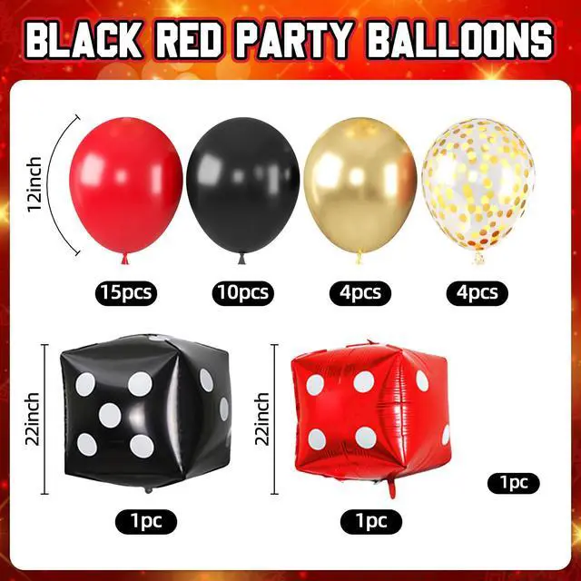 Alt view image 2 of 7 - Red Black Gold Balloon, 22 Inch Dice Foil Balloons, Metallic Gold Confetti Balloons for Dice Game Night Carnival Theme Birthday Party Decorations
