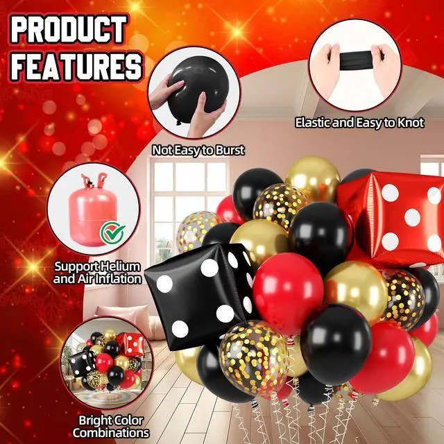 Alt view image 3 of 7 - Red Black Gold Balloon, 22 Inch Dice Foil Balloons, Metallic Gold Confetti Balloons for Dice Game Night Carnival Theme Birthday Party Decorations
