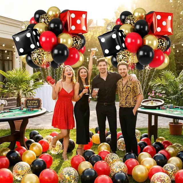 Alt view image 4 of 7 - Red Black Gold Balloon, 22 Inch Dice Foil Balloons, Metallic Gold Confetti Balloons for Dice Game Night Carnival Theme Birthday Party Decorations