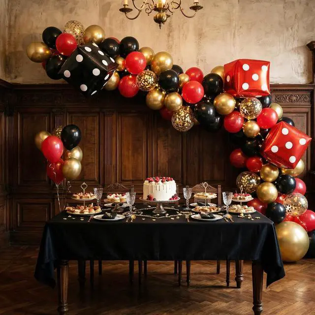 Alt view image 6 of 7 - Red Black Gold Balloon, 22 Inch Dice Foil Balloons, Metallic Gold Confetti Balloons for Dice Game Night Carnival Theme Birthday Party Decorations