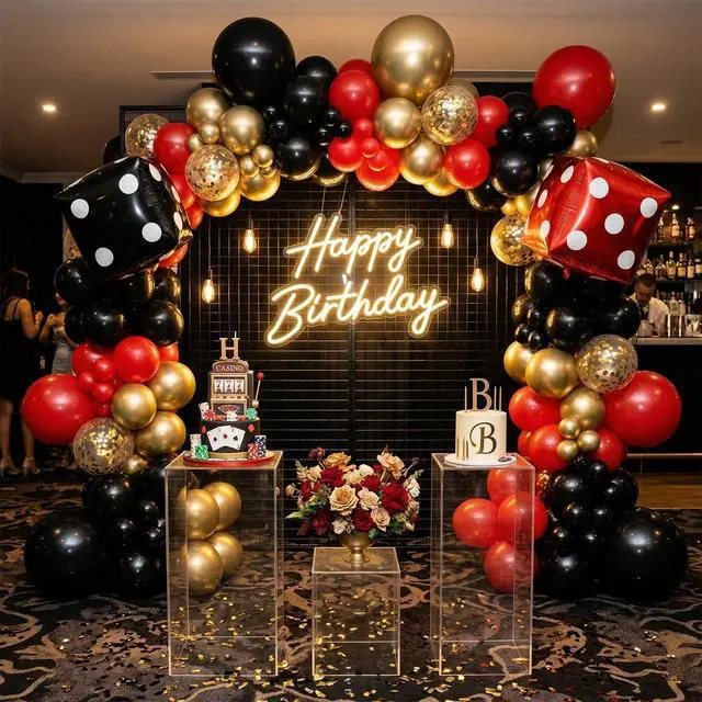 Alt view image 7 of 7 - Red Black Gold Balloon, 22 Inch Dice Foil Balloons, Metallic Gold Confetti Balloons for Dice Game Night Carnival Theme Birthday Party Decorations