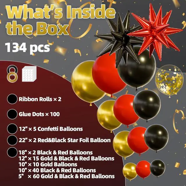 Alt view image 2 of 7 - Balloon Arch Kit, 134pcs Red Black Gold Balloons, Star Foil Balloons, Birthday, Graduation, Casino, New Year and Retirement Decorations