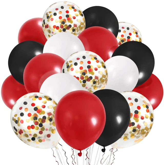 Main image of 50pcs 12 Inches Black Red Confetti Balloons Kit, Black Red White Party Balloons with Ribbons for Birthday, Wedding, Baby Shower, Graduation Decorations
