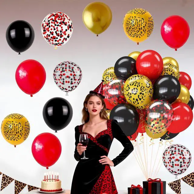 Alt view image 7 of 7 - Red Black Cheetah Balloons, 60Pcs 12Inch Black Red Metallic Gold and Leopard Print Balloons with Confetti Latex Balloon for Wild Animal Jungle Safari Zoo Theme Birthday Bachelorette Party Decoration