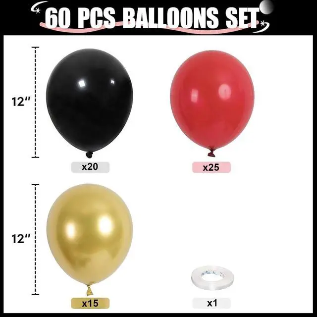 Alt view image 2 of 7 - Red Black and Gold Balloons, 60Pcs 12 Inch Red and Black Gold Party