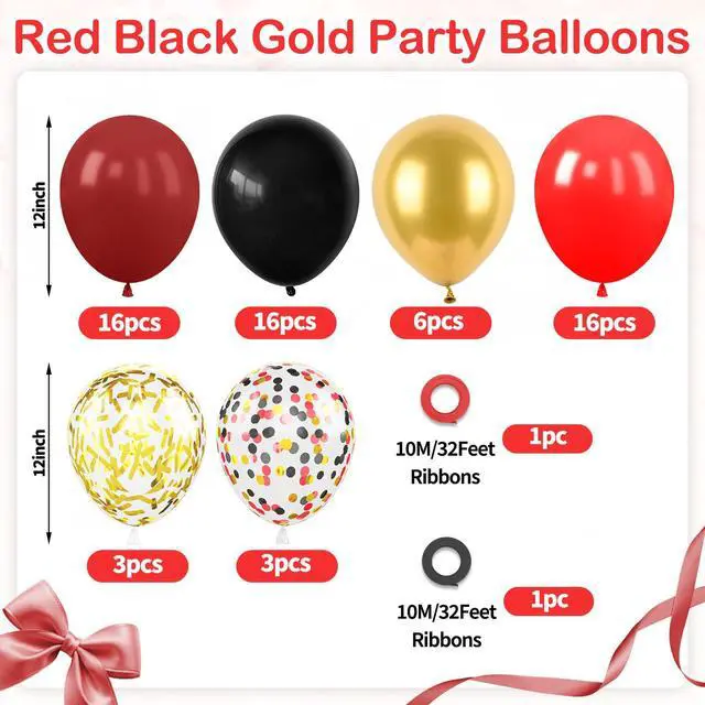 Alt view image 2 of 7 - Red Black Gold Balloons, 60PCS Dark Red Black Party Balloons, 12 Inch Metallic Gold Confetti Latex Balloon Helium for Graduation New Year Casino Theme Movies Night Festival Birthday Party Decorations