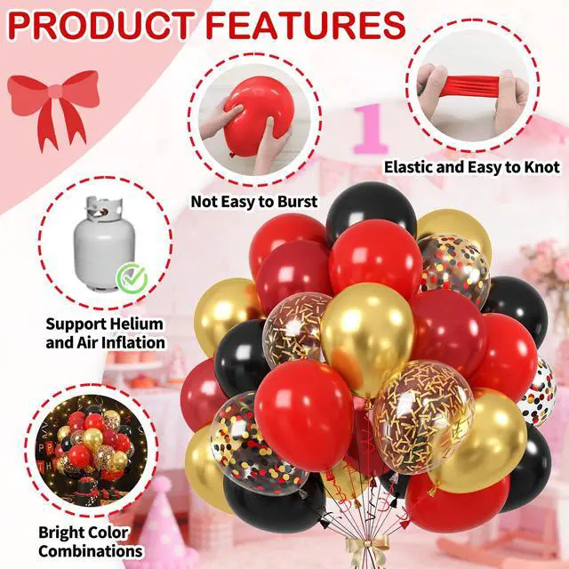Alt view image 3 of 7 - Red Black Gold Balloons, 60PCS Dark Red Black Party Balloons, 12 Inch Metallic Gold Confetti Latex Balloon Helium for Graduation New Year Casino Theme Movies Night Festival Birthday Party Decorations