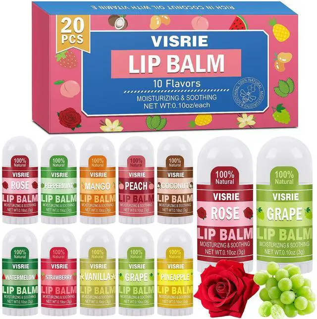 Main image of 20 Pack Mini Lip Balm Bulk, 10 Assorted Flavors, 0.1oz