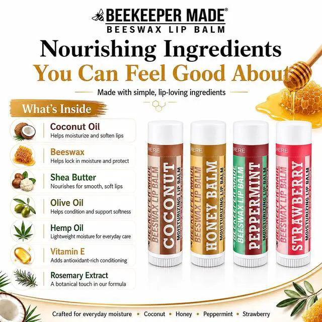 Alt view image 3 of 7 - Lip Balm, Honey/Peppermint/Coconut/Strawberry, 4 Pack