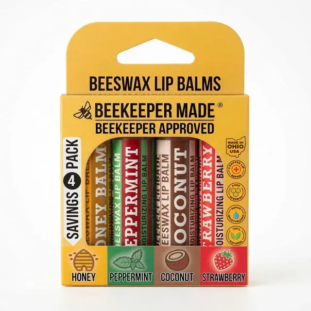 Main image of Lip Balm, Honey/Peppermint/Coconut/Strawberry, 4 Pack