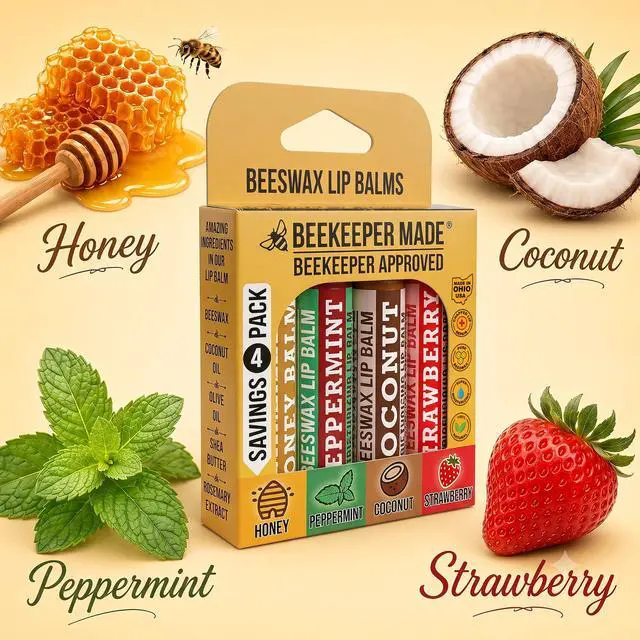 Alt view image 2 of 7 - Lip Balm, Honey/Peppermint/Coconut/Strawberry, 4 Pack