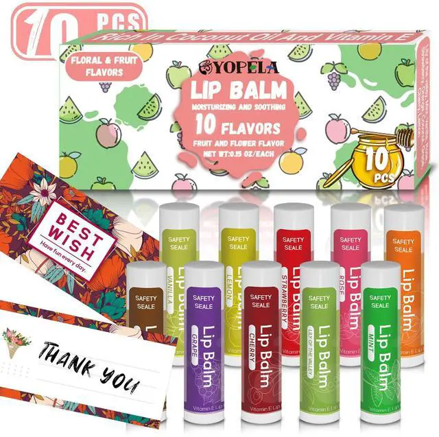 Main image of 10 Pack Natural Lip Balm Bulk with Vitamin E and Coconut Oil Valentine's Choice Gift - Moisturizing, Soothing, and Repairing Dry and Chapped Lips - 10 Flavors - Non-GMO