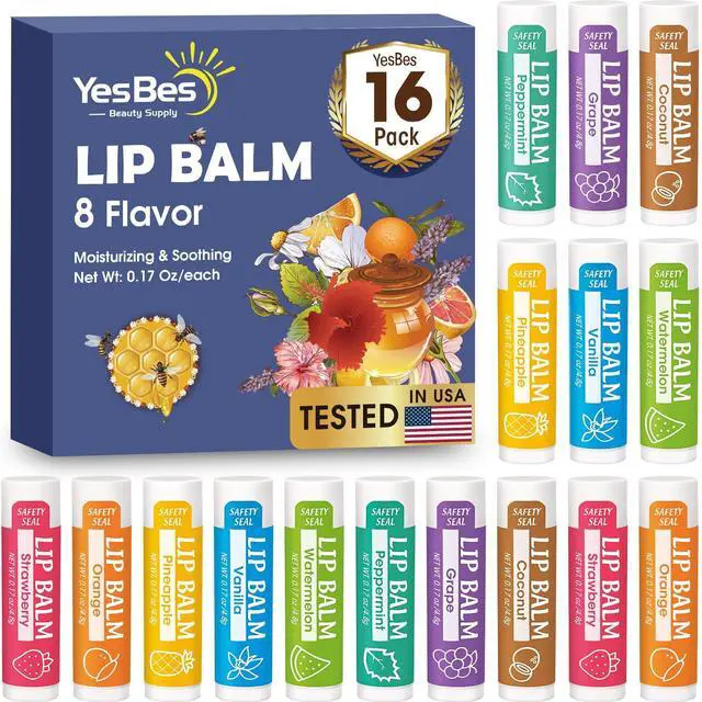 Main image of 16 Pack Lip Balm, Natural Lip Balm Bulk with Vitamin E and Coconut Oil, Moisturizing Lip Balms for Dry Cracked Lips, Lip Balms for Mothers Day Gifts Stocking Stuffers - 8 Flavors