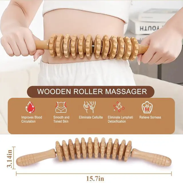 Alt view image 3 of 6 - Wood Massage Roller Muscle Roller Cellulite Massage Tool Fascia Blaster Lymphatic Drainage Massager Wood Therapy Massage Tools for Deep Tissue Muscle Relief Recovery(12-Wheel)