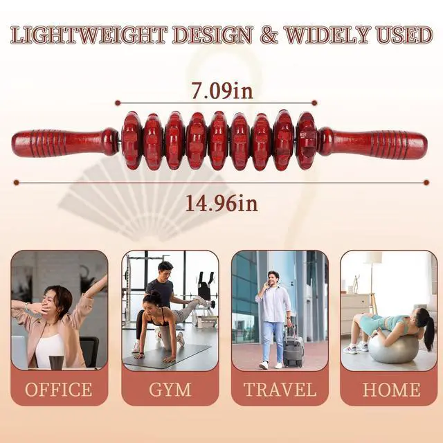 Alt view image 2 of 6 - Manual Wooden Massage Roller Stick for Muscle Relief, Red