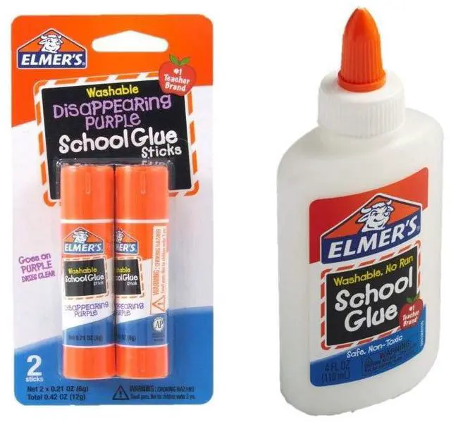 Main image of bundle Washable Liquid School Glue, White, Dries Clear, 4 fl oz Plus Disappearing Purple Elmer's School Glue Stick, 7g, 2pk