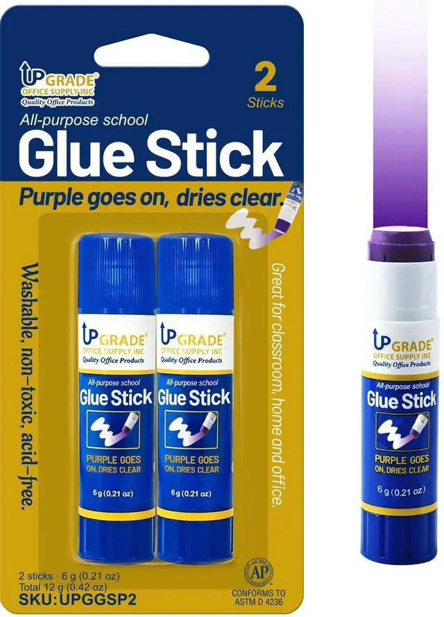 Main image of Upgrade Office Supply Glue Sticks, 6g, 2 Count, Purple Goes On Dries Clear