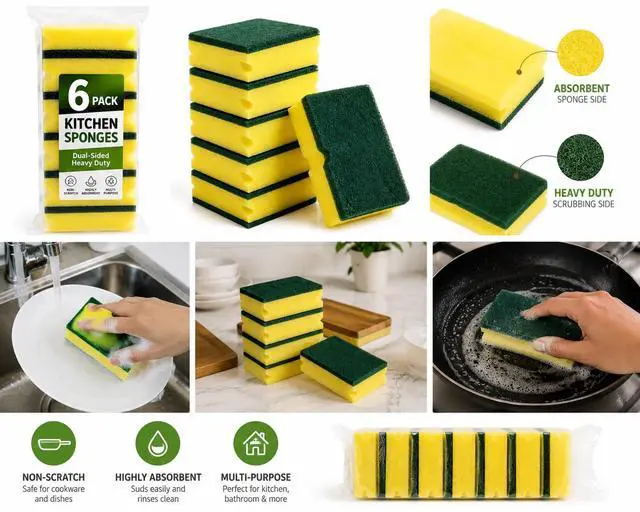 Alt view image 2 of 5 - Kitchen Cleaning Sponges, 6 Pack, Non-Scratch Scrub Sponges