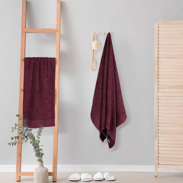 Alt view image 4 of 7 - 100% Cotton 2 Pack Oversized Bath Towel Set 28x55 Inches, Ultra Soft Highly Absorbant Compact Quickdry & Lightweight Large Bath Towels, Ideal for Gym Travel Camp Pool - Burgundy