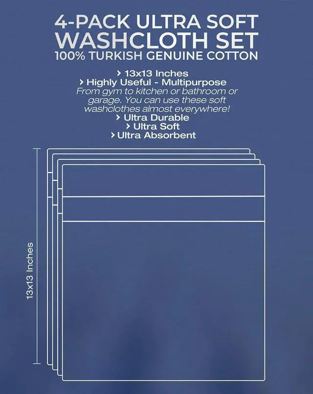 Alt view image 3 of 4 - 100% Cotton Turkish Washcloths for Bathroom Essentials 4 Pack, Soft Absorbent Wash Cloths Quick Drying Small Towels Washrags, Navy Blue