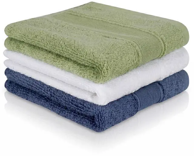 Main image of Premium 100% Cotton Washcloths 3-Pack - 13x13 Inch Highly Absorbent Face Towels with Decorative Band - Thick, Durable, Lint-Free Wash Cloths for Bathroom, Body, Spa & Kitchen Cleaning